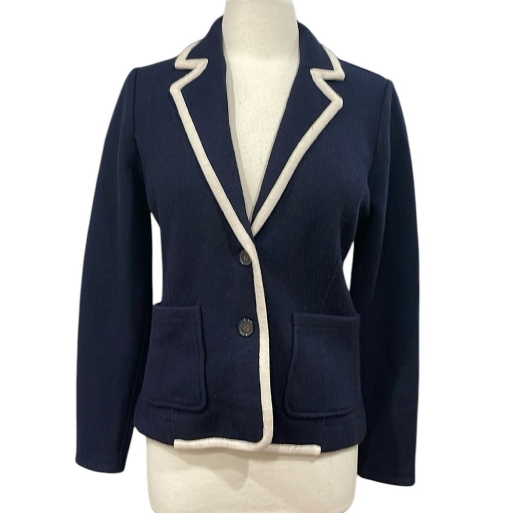 J. Crew Stretch Wool Blazer SZ M Navy Cream Trim